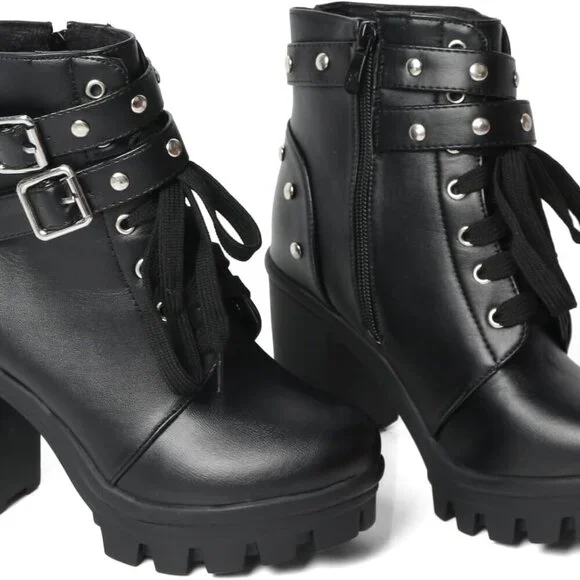 Goth Boots Microfiber Chunky Heel Ankle Combat Zipper Punk Shoes Women